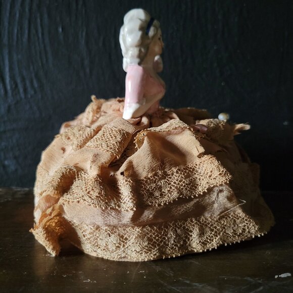 Antique Porcelain Half Doll Pin Cushion, Sewing Room Decor, Tattered Dress Doll - Picture 5 of 9